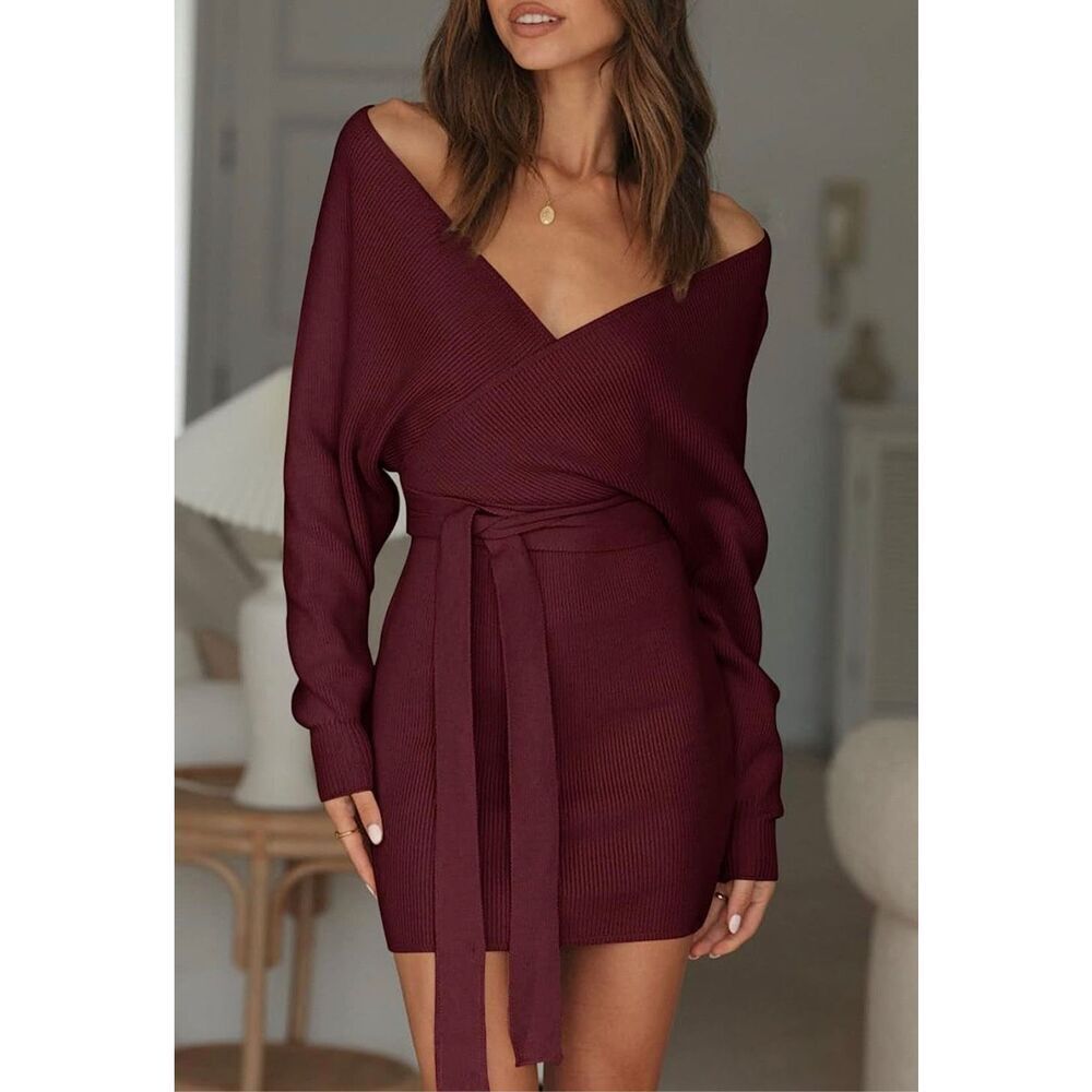 NEW Batwing Sleeve Wrap Knit Backless Pullover Sweater Dress S NO BELT
